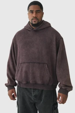 Outlet boohooMAN Plus Oversized Boxy Acid Wash Hoodie chocolate