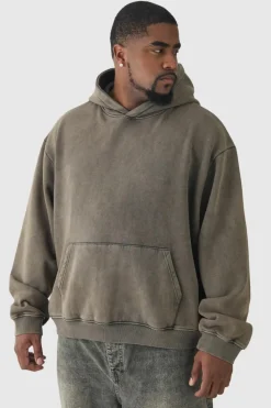 Clearance boohooMAN Plus Oversized Boxy Acid Wash Hoodie grey