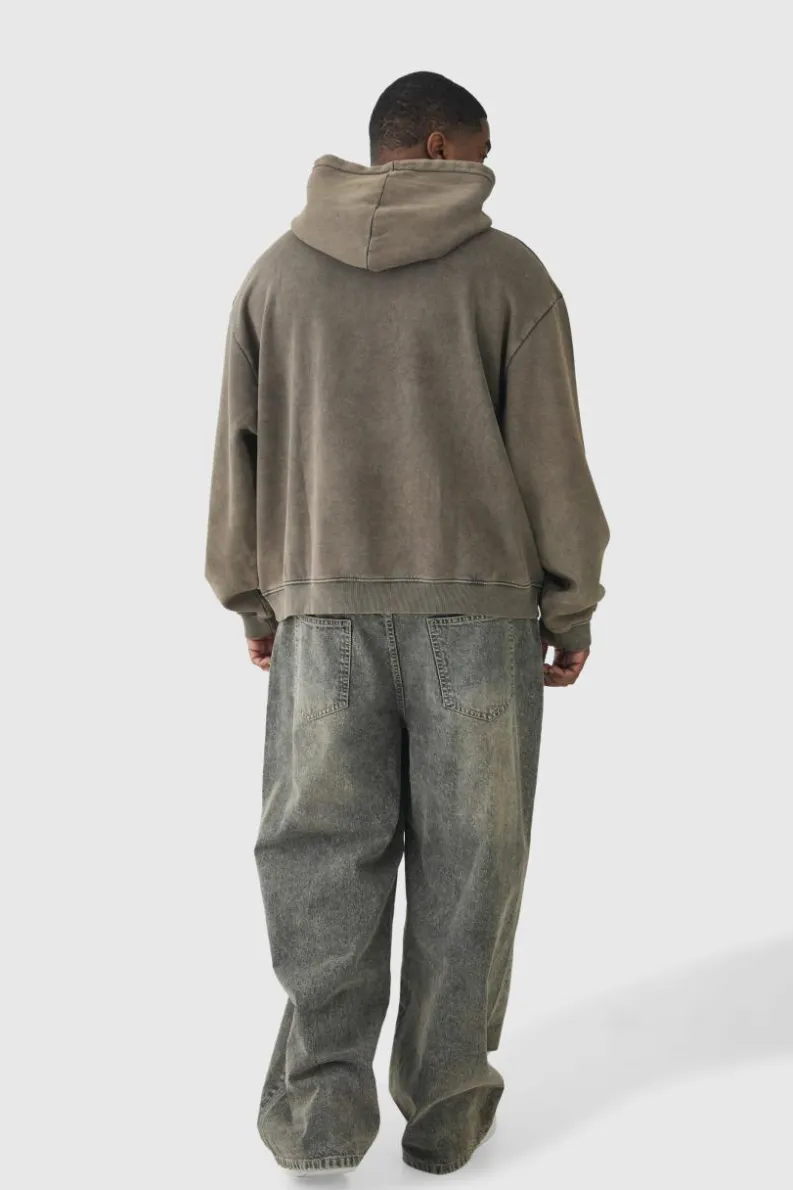 Clearance boohooMAN Plus Oversized Boxy Acid Wash Hoodie grey