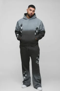 Flash Sale boohooMAN Plus Oversized Boxy Applique Cross Spray Wash Hooded Relaxed Flare Tracksuit black