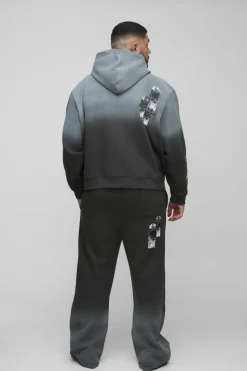 Flash Sale boohooMAN Plus Oversized Boxy Applique Cross Spray Wash Hooded Relaxed Flare Tracksuit black
