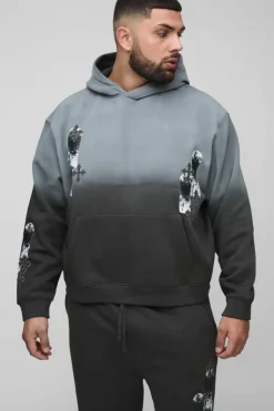 Flash Sale boohooMAN Plus Oversized Boxy Applique Cross Spray Wash Hooded Relaxed Flare Tracksuit black