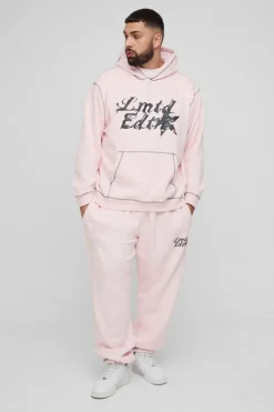 Outlet boohooMAN Plus Oversized Boxy Contrast Stitch Lmted Hooded Tracksuit pink