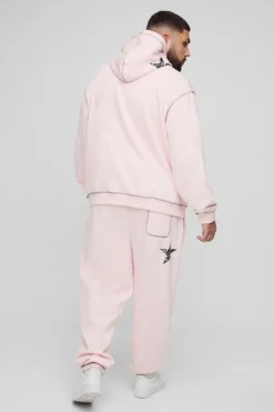 Outlet boohooMAN Plus Oversized Boxy Contrast Stitch Lmted Hooded Tracksuit pink