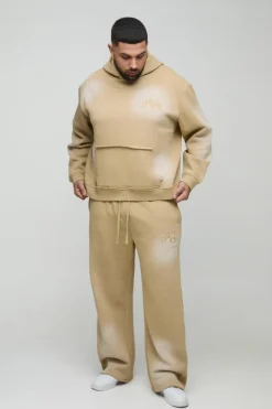 Discount boohooMAN Plus Oversized Boxy Distressed Official Applique Spray Wash Hooded Tracksuit stone