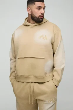 Discount boohooMAN Plus Oversized Boxy Distressed Official Applique Spray Wash Hooded Tracksuit stone