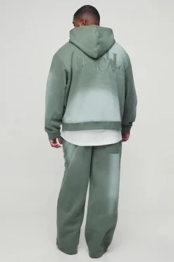 Clearance boohooMAN Plus Oversized Boxy Distressed Official Applique Spray Wash Hooded Tracksuit green