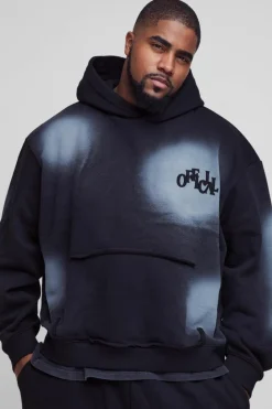 Clearance boohooMAN Plus Oversized Boxy Distressed Official Applique Spray Wash Hoodie black