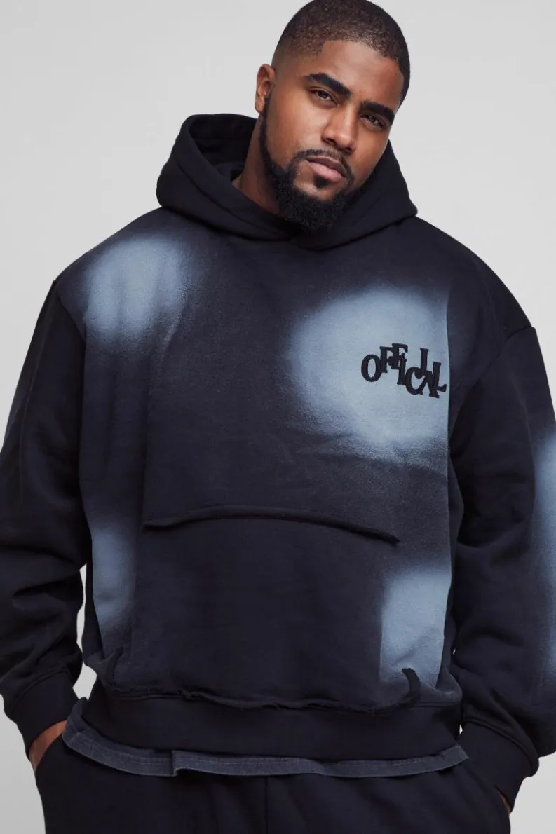 Clearance boohooMAN Plus Oversized Boxy Distressed Official Applique Spray Wash Hoodie black