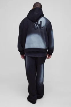 Clearance boohooMAN Plus Oversized Boxy Distressed Official Applique Spray Wash Hoodie black