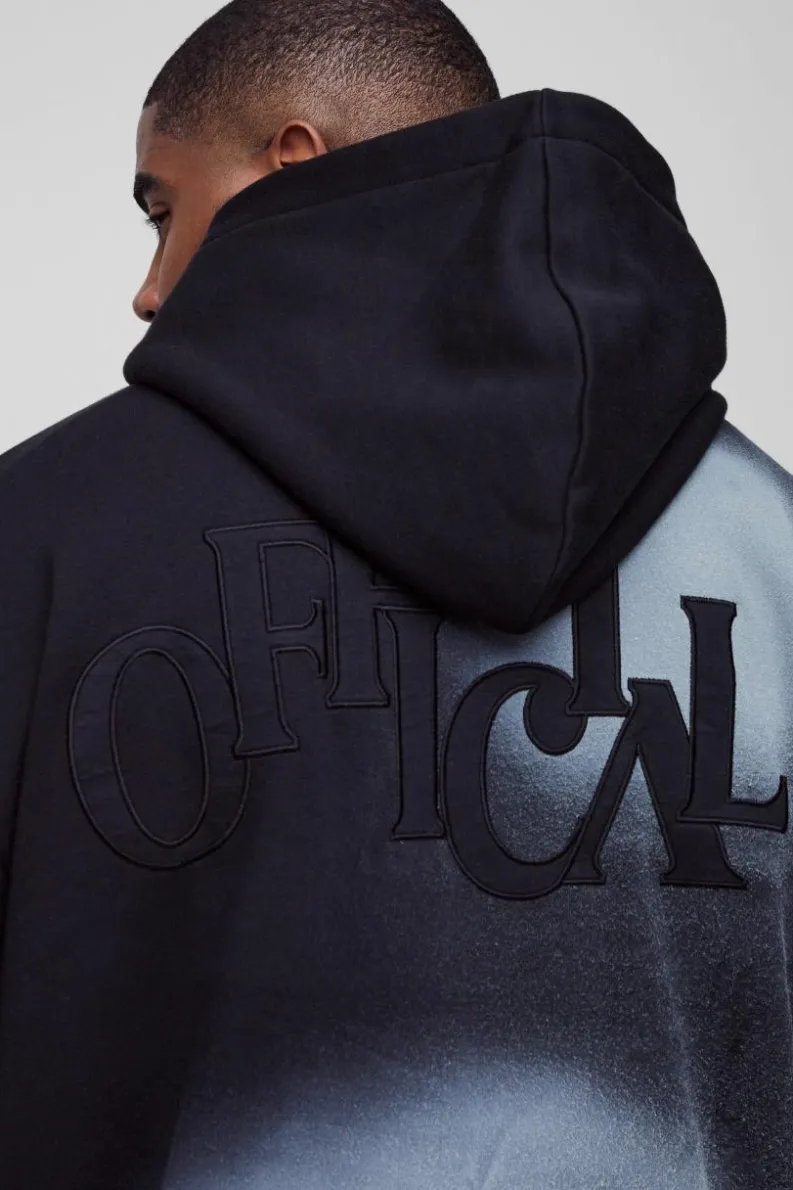 Clearance boohooMAN Plus Oversized Boxy Distressed Official Applique Spray Wash Hoodie black