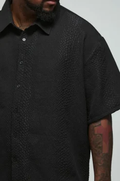 Cheap boohooMAN Plus Oversized Boxy Embossed Jacquard Shirt black