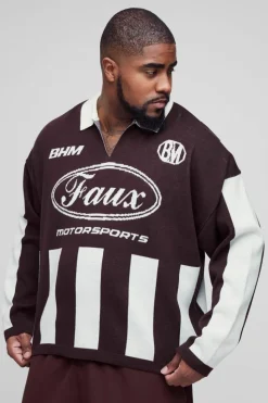New boohooMAN Plus Oversized Boxy Football Knitted Long Sleeve Polo chocolate