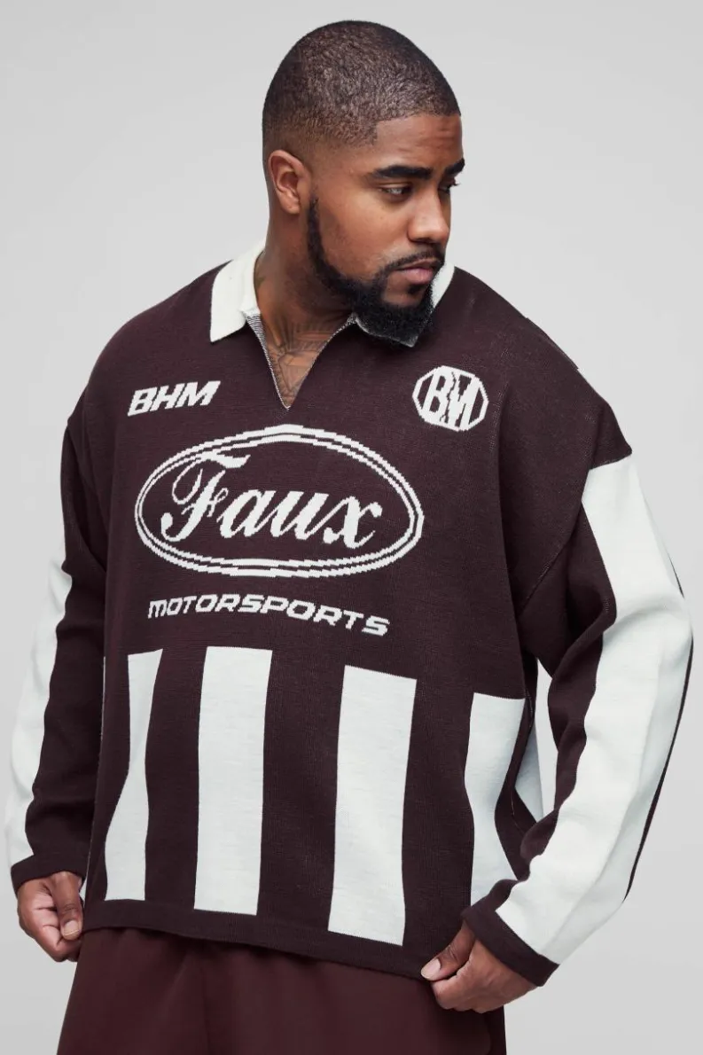 New boohooMAN Plus Oversized Boxy Football Knitted Long Sleeve Polo chocolate