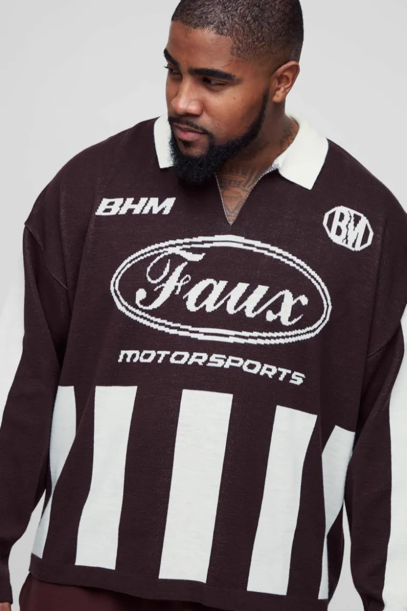 New boohooMAN Plus Oversized Boxy Football Knitted Long Sleeve Polo chocolate