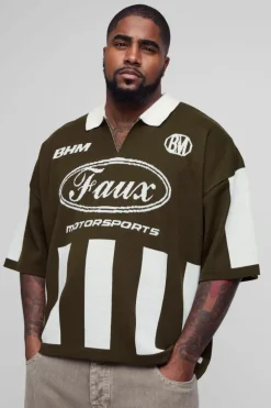 Hot boohooMAN Plus Oversized Boxy Football Knitted Polo green