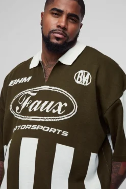 Hot boohooMAN Plus Oversized Boxy Football Knitted Polo green