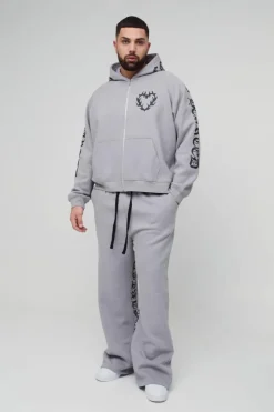 Discount boohooMAN Plus Oversized Boxy Gothic Heart Print Gusset Hooded Tracksuit grey marl