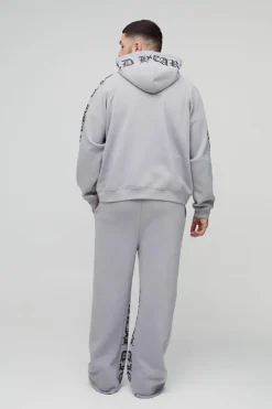 Discount boohooMAN Plus Oversized Boxy Gothic Heart Print Gusset Hooded Tracksuit grey marl