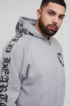 Discount boohooMAN Plus Oversized Boxy Gothic Heart Print Gusset Hooded Tracksuit grey marl