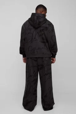 Sale boohooMAN Plus Oversized Boxy Graffiti Hooded Wide Leg Tracksuit black
