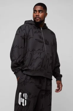 Sale boohooMAN Plus Oversized Boxy Graffiti Hooded Wide Leg Tracksuit black