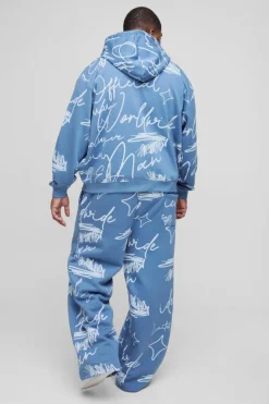 Fashion boohooMAN Plus Oversized Boxy Graffiti Hooded Tracksuit slate blue