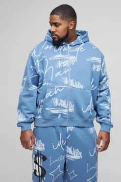 Fashion boohooMAN Plus Oversized Boxy Graffiti Hooded Tracksuit slate blue