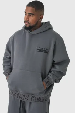 Online boohooMAN Plus Oversized Boxy Homme Embroidered Hoodie charcoal