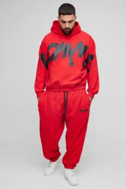 Sale boohooMAN Plus Oversized Boxy Homme Graffiti Print Hooded Tracksuit red