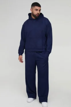 Outlet boohooMAN Plus Oversized Boxy Hooded Faux Suede Relaxed Tracksuit navy