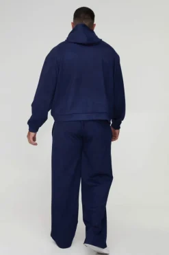 Outlet boohooMAN Plus Oversized Boxy Hooded Faux Suede Relaxed Tracksuit navy