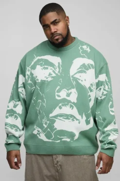 Best Sale boohooMAN Plus Oversized Boxy Line Face Knitted Jumper sage