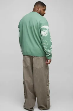 Best Sale boohooMAN Plus Oversized Boxy Line Face Knitted Jumper sage