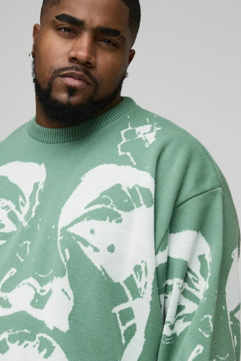 Best Sale boohooMAN Plus Oversized Boxy Line Face Knitted Jumper sage