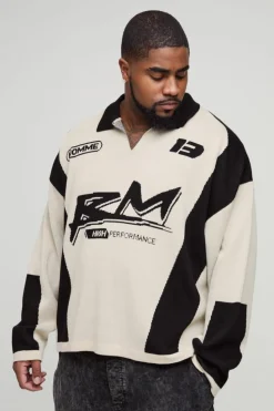 Cheap boohooMAN Plus Oversized Boxy Long Sleeve Knitted Moto Polo ecru