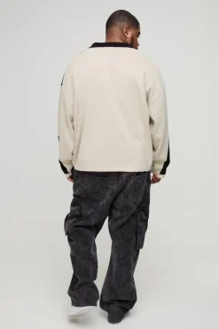 Cheap boohooMAN Plus Oversized Boxy Long Sleeve Knitted Moto Polo ecru