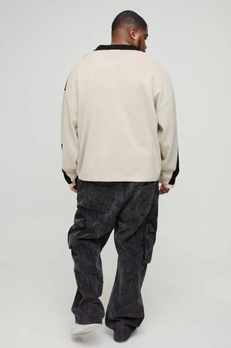 Cheap boohooMAN Plus Oversized Boxy Long Sleeve Knitted Moto Polo ecru