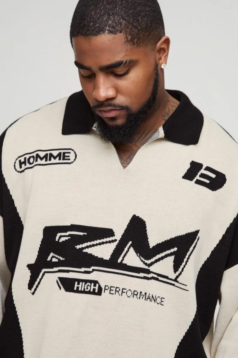 Cheap boohooMAN Plus Oversized Boxy Long Sleeve Knitted Moto Polo ecru