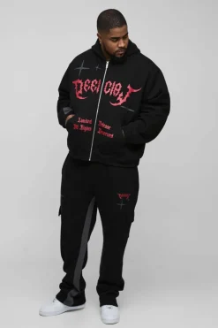 Cheap boohooMAN Plus Oversized Boxy Official Hooded Gusset Jogger Tracksuit black