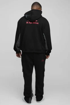 Cheap boohooMAN Plus Oversized Boxy Official Hooded Gusset Jogger Tracksuit black
