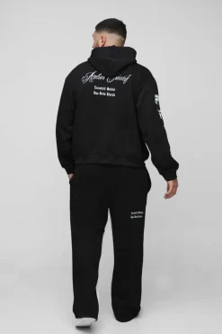 Best boohooMAN Plus Oversized Boxy Official Embroidery Hooded Relaxed Flare Tracksuit black