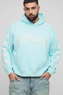 Fashion boohooMAN Plus Oversized Boxy Official Embroidery Hoodie light blue