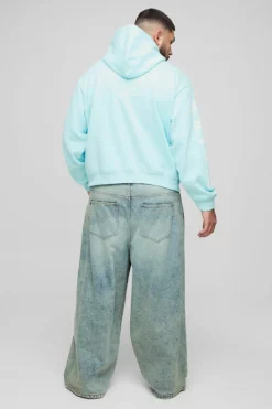 Fashion boohooMAN Plus Oversized Boxy Official Embroidery Hoodie light blue