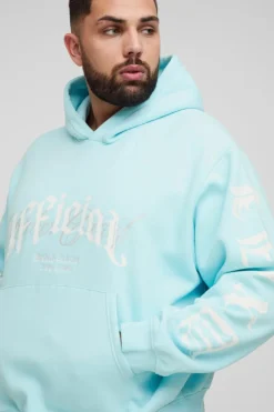 Fashion boohooMAN Plus Oversized Boxy Official Embroidery Hoodie light blue