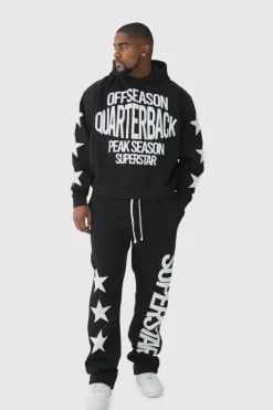 Flash Sale boohooMAN Plus Oversized Boxy Off Season Puff Printed Hooded Tracksuit black