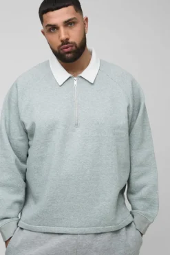 Clearance boohooMAN Plus Oversized Boxy Polo Sweatshirt in grey