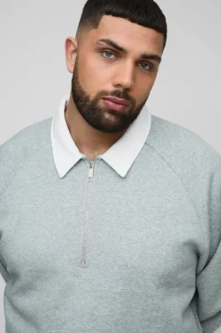 Clearance boohooMAN Plus Oversized Boxy Polo Sweatshirt in grey