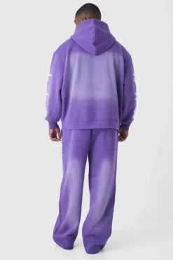 Outlet boohooMAN Plus Oversized Boxy Puff Print Spray Wash Moto Hoodie purple