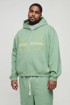 Best boohooMAN Plus Oversized Boxy Seam Detail Limited Hooded Wide Fit Tracksuit green
